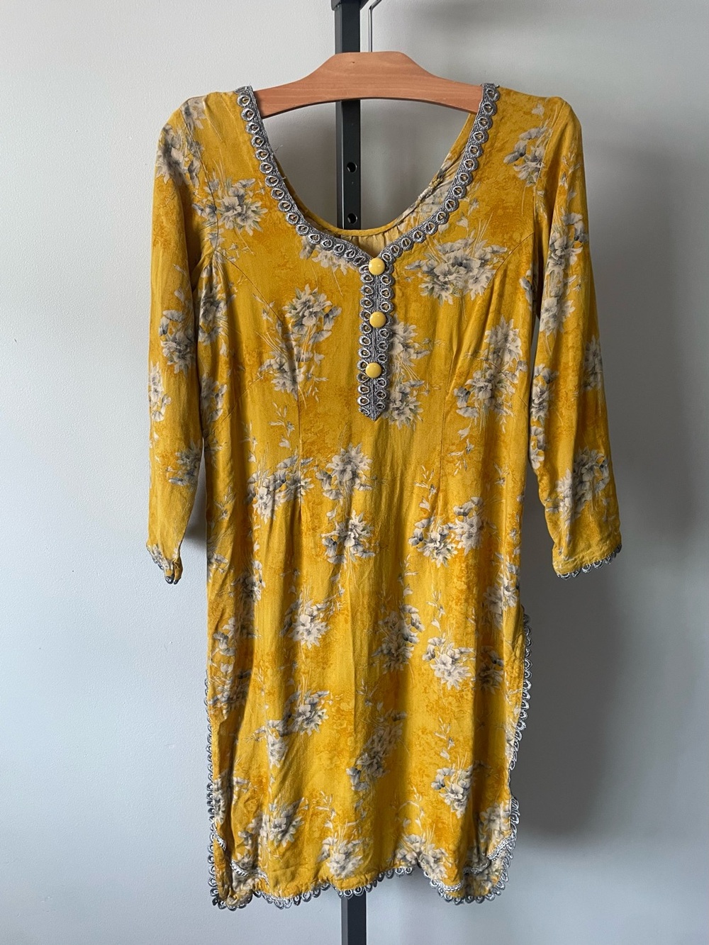 Vintage Boho Tunic Kameez Mustard Yellow Floral Crochet Trim Long Longline